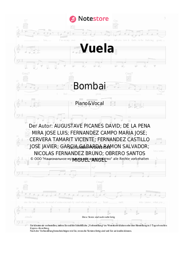 Noten mit Gesang Bombai - Vuela - Klavier&Gesang