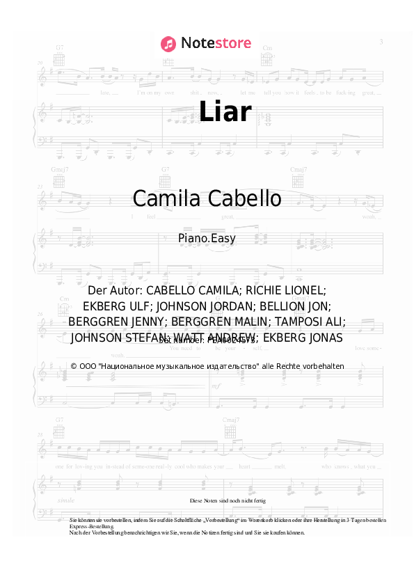 Einfache Noten Camila Cabello - Liar - Klavier.Easy