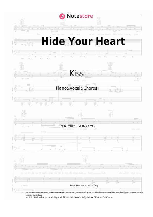 Noten und Akkorde Kiss - Hide Your Heart - Klavier&Gesang&Akkorde