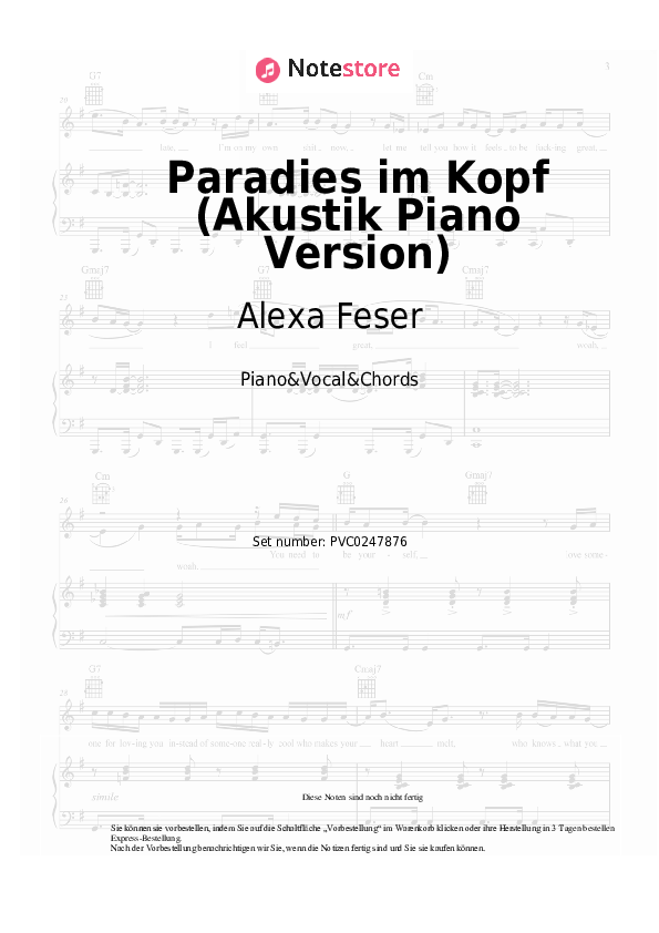 Noten und Akkorde Alexa Feser - Paradies im Kopf (Akustik Piano Version) - Klavier&Gesang&Akkorde