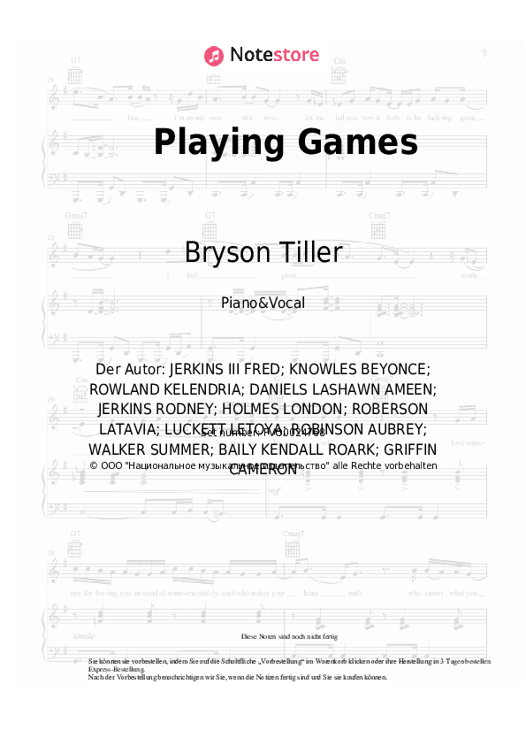 Noten mit Gesang Summer Walker, Bryson Tiller - Playing Games - Klavier&Gesang