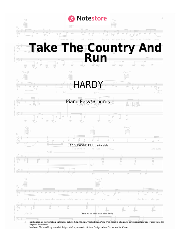 Einfache Noten und Akkorde HARDY - Take The Country And Run - Klavier.Einfach&Akkorde