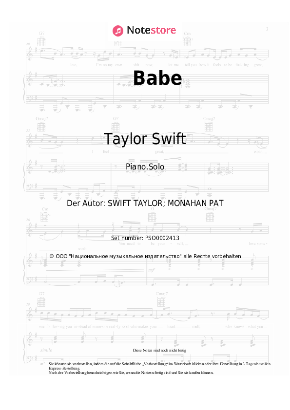 Noten Sugarland, Taylor Swift - Babe - Klavier.Solo