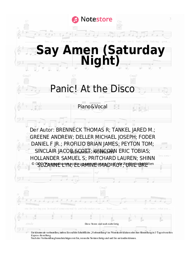 Noten mit Gesang Panic! At the Disco - Say Amen (Saturday Night) - Klavier&Gesang