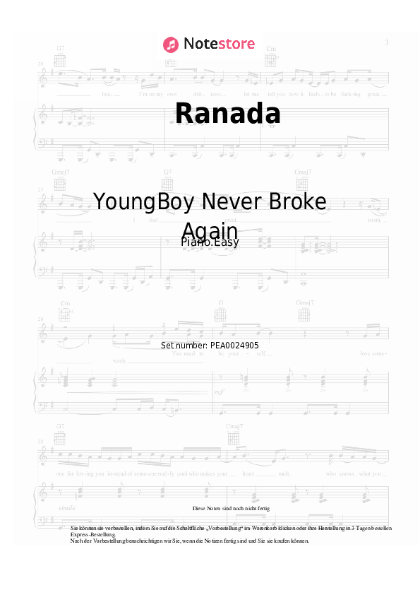 Einfache Noten YoungBoy Never Broke Again - Ranada - Klavier.Easy