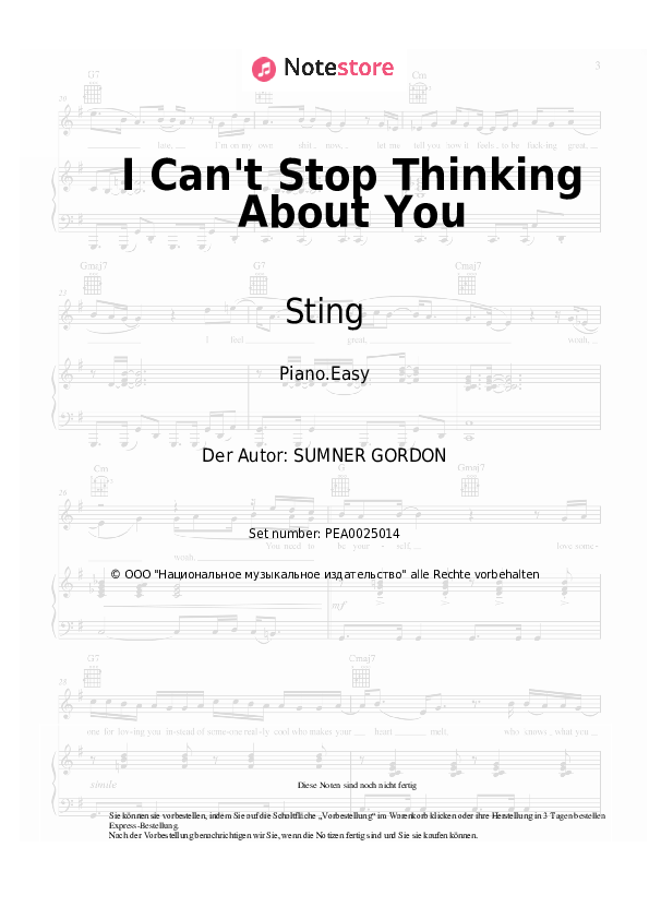 Einfache Noten Sting - I Can't Stop Thinking About You - Klavier.Easy