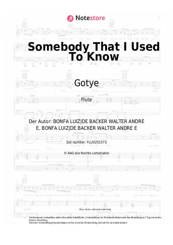 Noten Gotye, Kimbra - Somebody That I Used To Know - Flöte