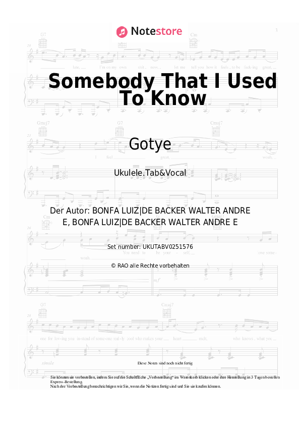 Noten Gotye, Kimbra - Somebody That I Used To Know - Ukulele.Tabs&Gesang