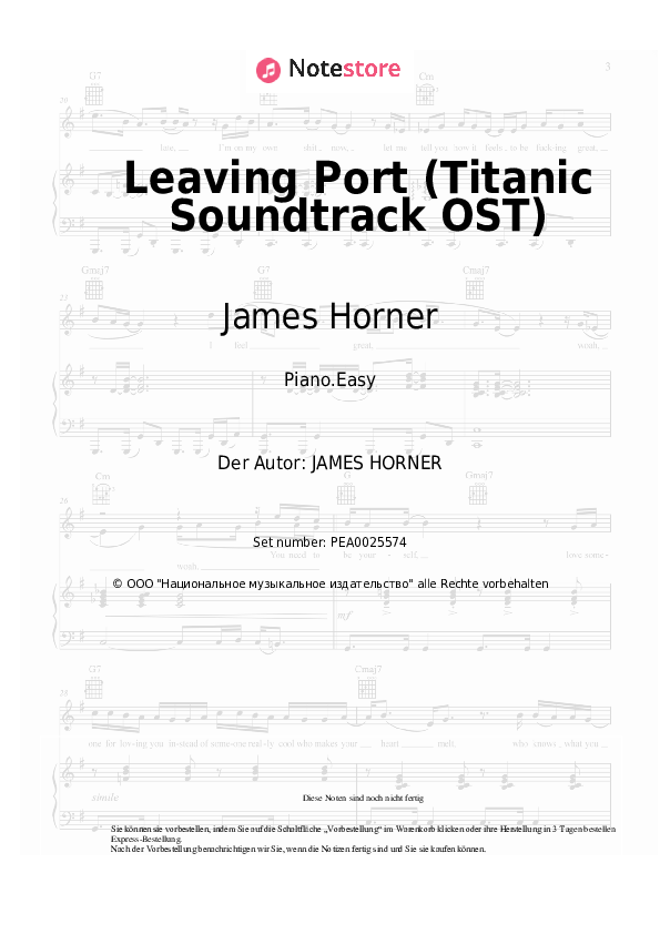 Einfache Noten James Horner - Leaving Port (Titanic Soundtrack OST) - Klavier.Easy