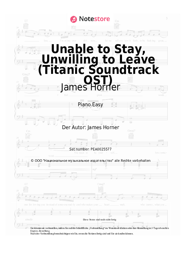 James Horner - Unable to Stay, Unwilling to Leave (Titanic Soundtrack OST) Noten für Piano