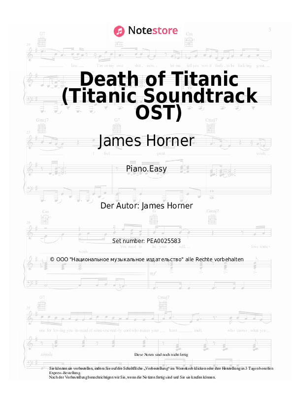 Einfache Noten James Horner - Death of Titanic (Titanic Soundtrack OST) - Klavier.Easy