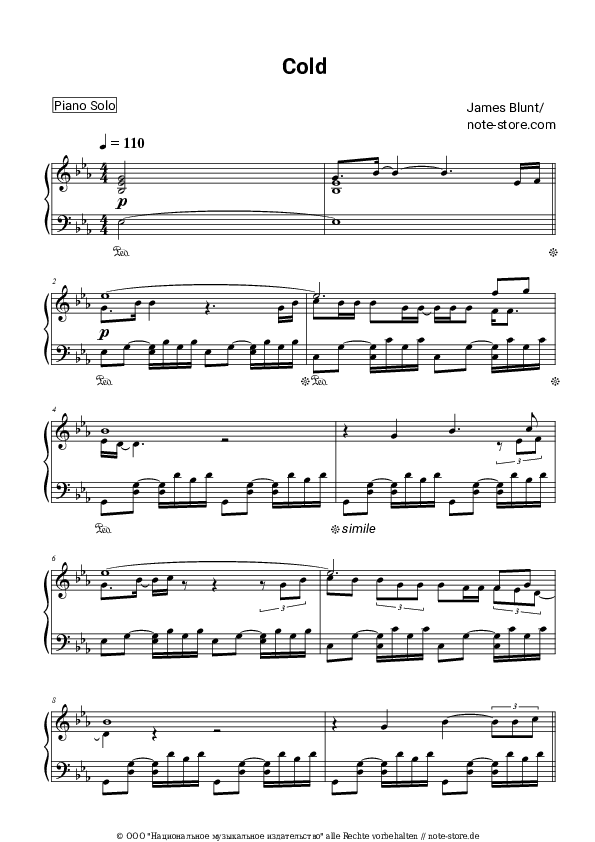 Noten James Blunt - Cold - Klavier.Solo