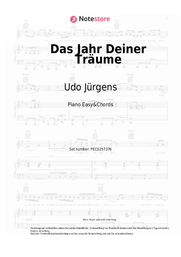 Einfache Noten und Akkorde Udo Jürgens - Das Jahr Deiner Träume - Klavier.Einfach&Akkorde