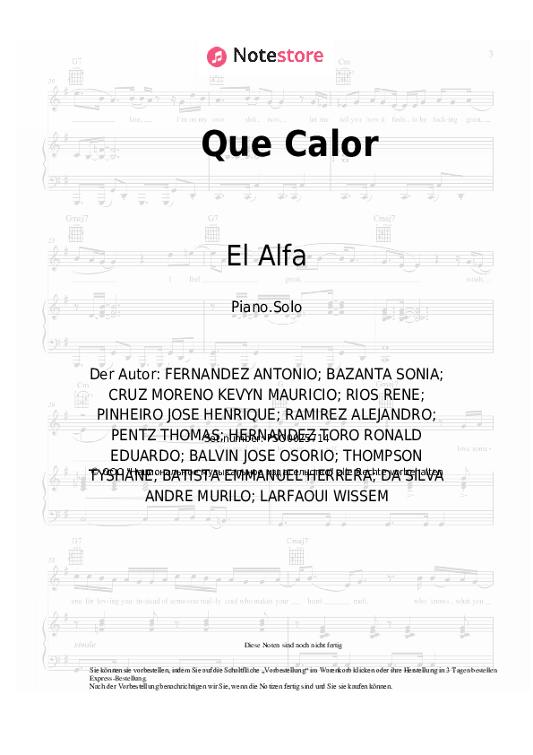 Noten Major Lazer, J Balvin, El Alfa - Que Calor - Klavier.Solo