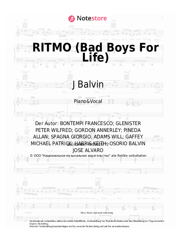 Noten mit Gesang Black Eyed Peas, J Balvin - RITMO (Bad Boys For Life) - Klavier&Gesang
