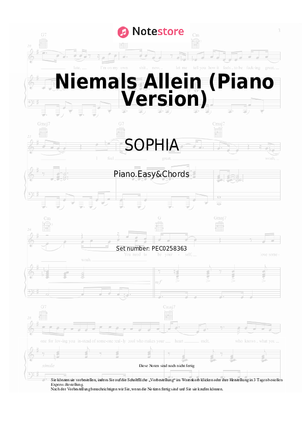 Einfache Noten und Akkorde SOPHIA - Niemals Allein (Piano Version) - Klavier.Einfach&Akkorde