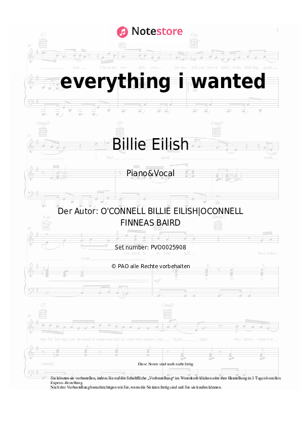 Noten mit Gesang Billie Eilish - everything i wanted - Klavier&Gesang