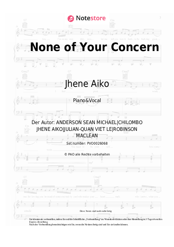 Noten mit Gesang Jhene Aiko - None of Your Concern - Klavier&Gesang