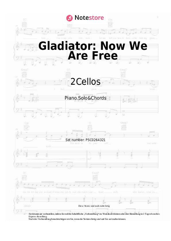 Noten und Akkorde 2Cellos - Gladiator: Now We Are Free - Klavier.Solo&Akkorde