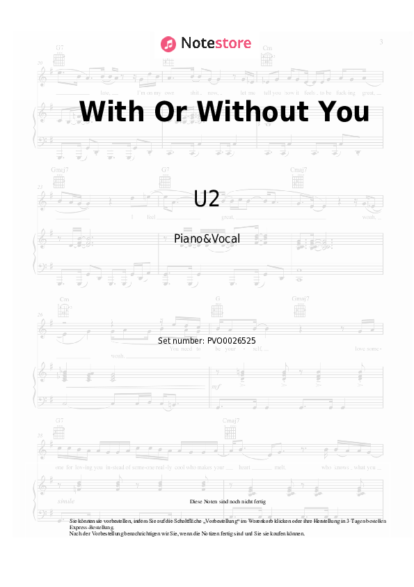 Noten mit Gesang U2 - With Or Without You - Klavier&Gesang