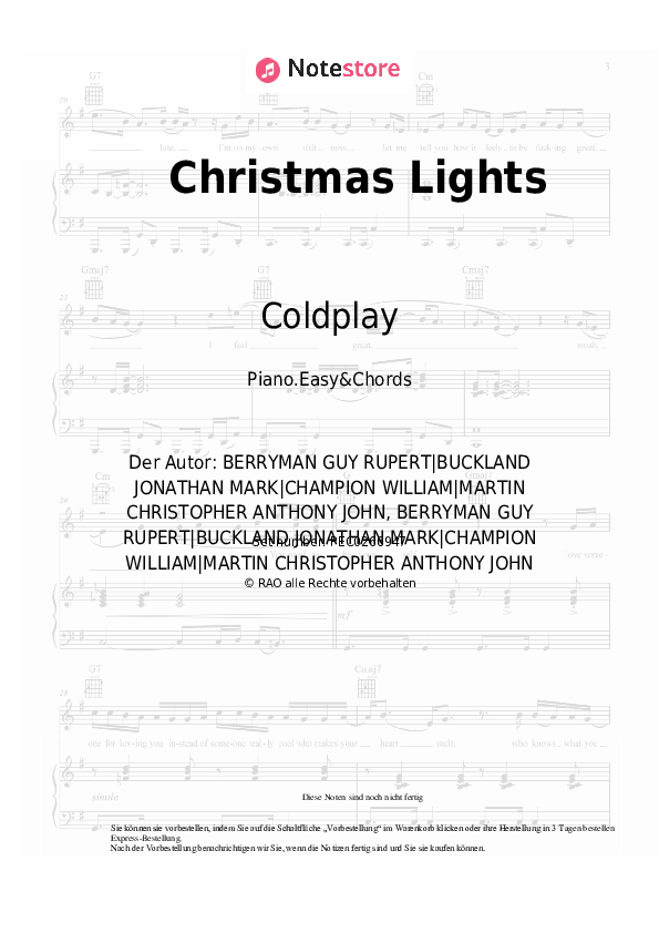 Einfache Noten und Akkorde Coldplay - Christmas Lights - Klavier.Einfach&Akkorde