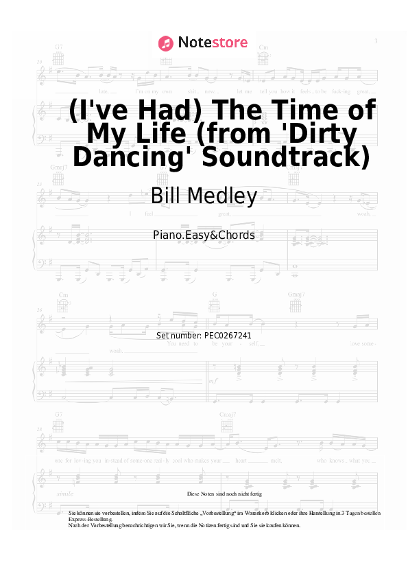 Einfache Noten und Akkorde Bill Medley, Jennifer Warnes - (I've Had) The Time of My Life (from 'Dirty Dancing' Soundtrack) - Klavier.Einfach&Akkorde