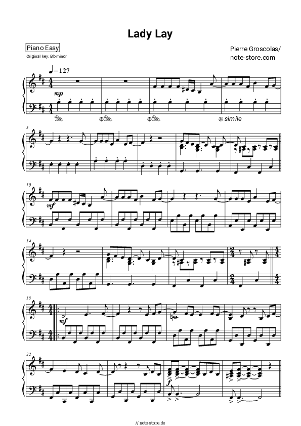 Einfache Noten Pierre Groscolas - Lady lay - Klavier.Easy