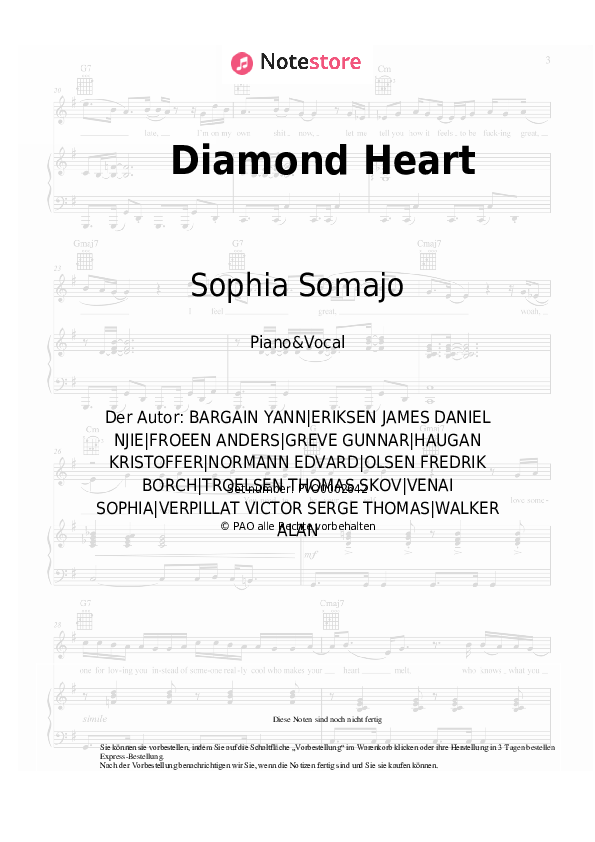 Noten mit Gesang Alan Walker, Sophia Somajo - Diamond Heart - Klavier&Gesang