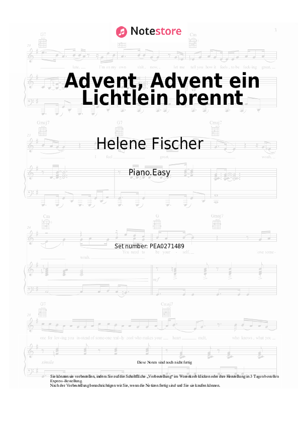 Einfache Noten Helene Fischer - Advent, Advent ein Lichtlein brennt - Klavier.Einfach