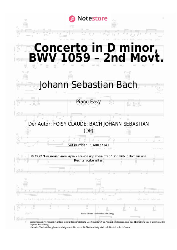 Einfache Noten Johann Sebastian Bach - Concerto in D minor, BWV 1059 – 2nd Movt. - Klavier.Easy