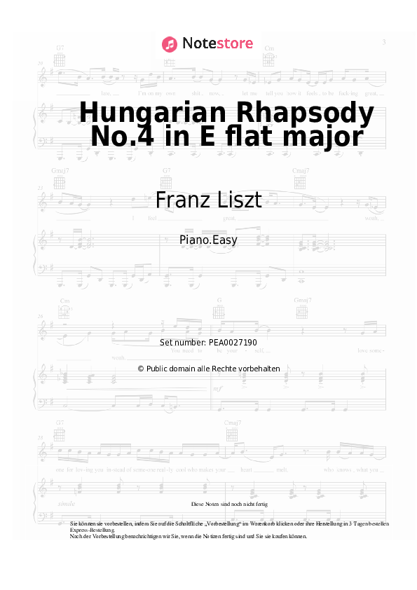 Einfache Noten Franz Liszt - Hungarian Rhapsody No.4 in E flat major - Klavier.Easy