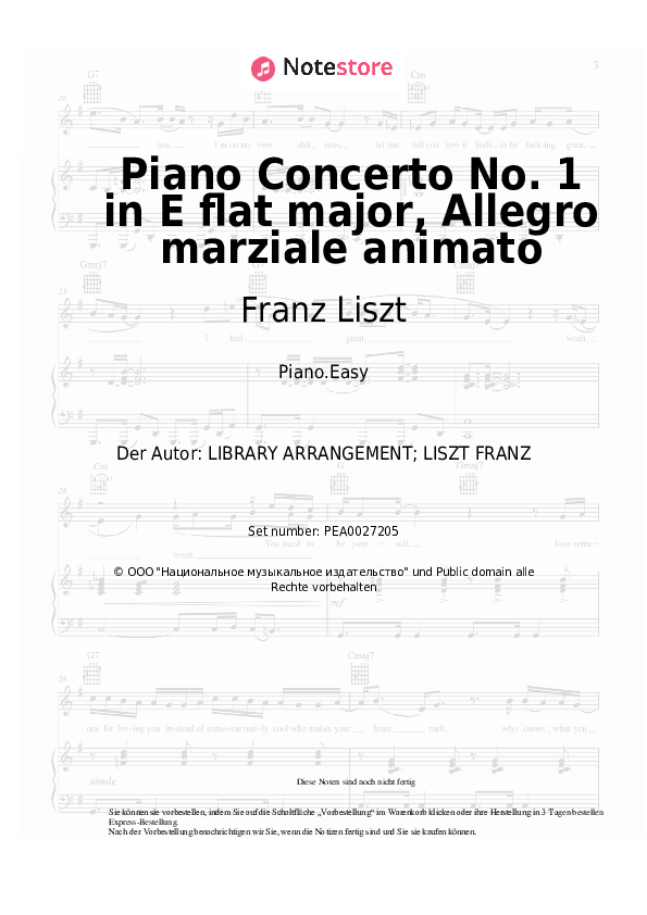 Einfache Noten Franz Liszt - Piano Concerto No. 1 in E flat major, Allegro marziale animato - Klavier.Easy