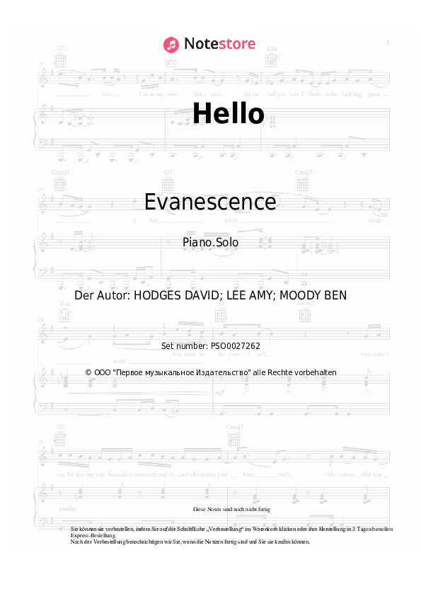 Evanescence - Hello Noten für Piano