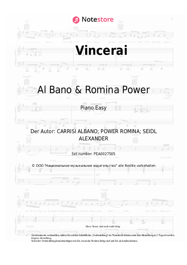 Einfache Noten Al Bano & Romina Power - Vincerai - Klavier.Easy