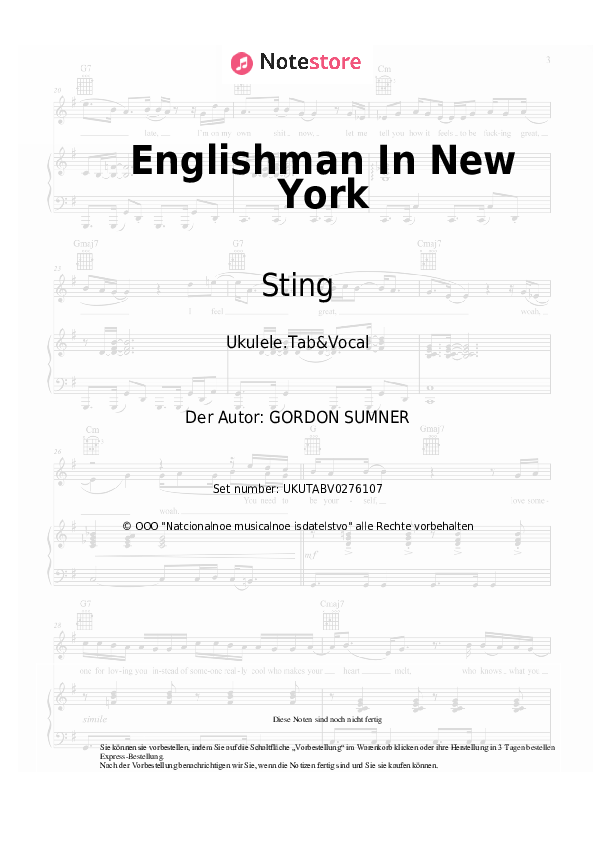 Noten Sting - Englishman In New York - Ukulele.Tabs&Gesang