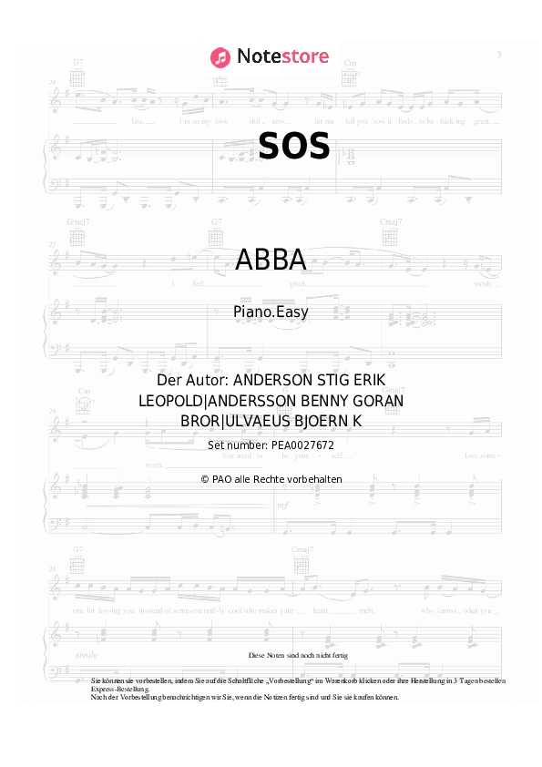Einfache Noten ABBA - SOS - Klavier.Easy