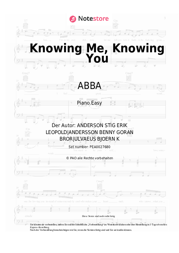 Einfache Noten ABBA - Knowing Me, Knowing You - Klavier.Easy