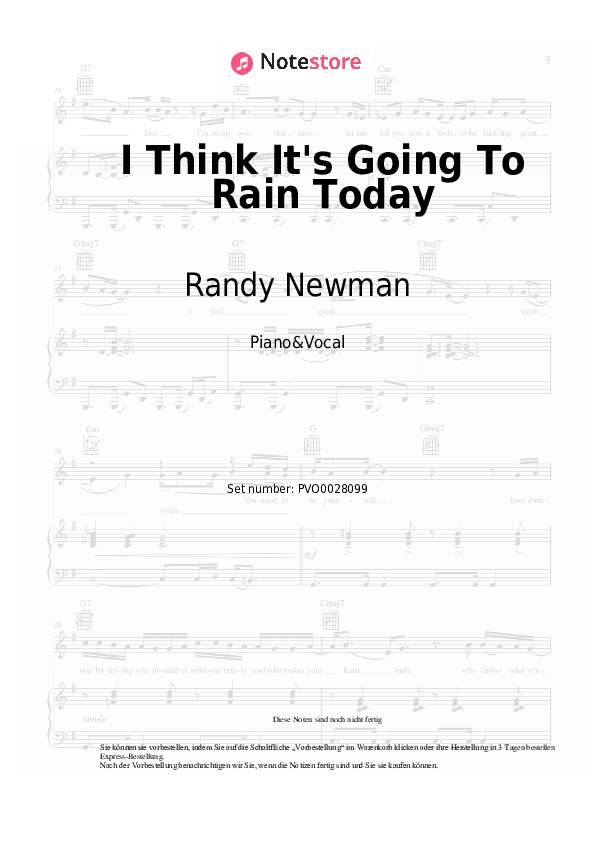 Noten mit Gesang Randy Newman - I Think It's Going To Rain Today - Klavier&Gesang
