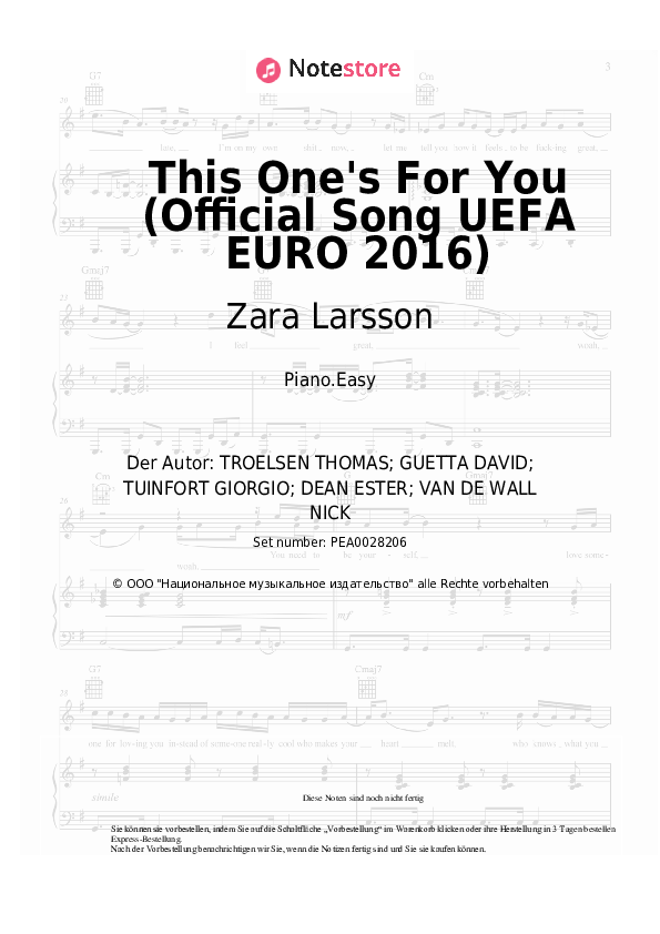 Einfache Noten David Guetta, Zara Larsson - This One's For You (Official Song UEFA EURO 2016) - Klavier.Easy