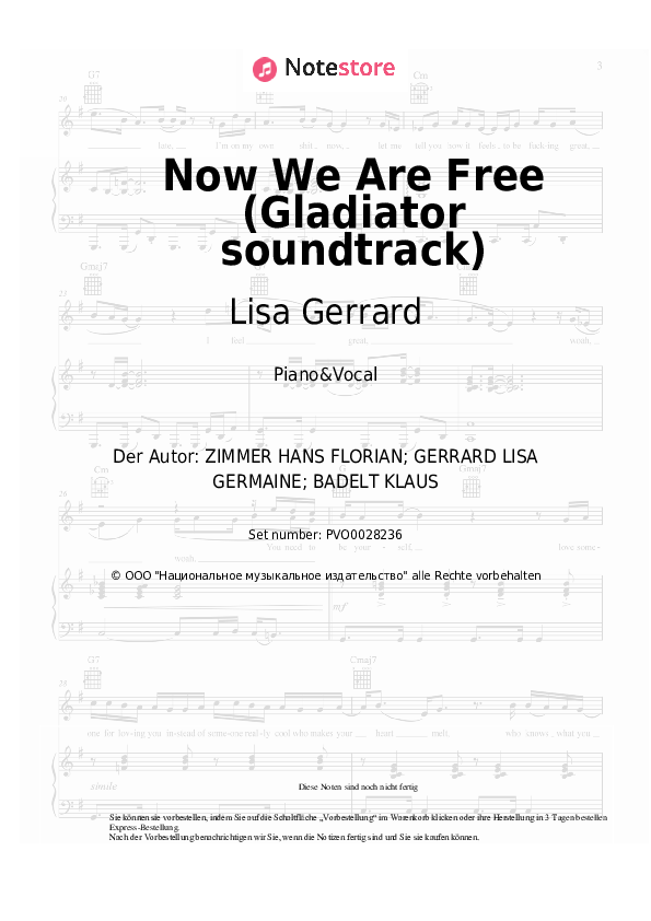 Noten mit Gesang Hans Zimmer, Klaus Badelt, Lisa Gerrard - Now We Are Free (Gladiator soundtrack) - Klavier&Gesang