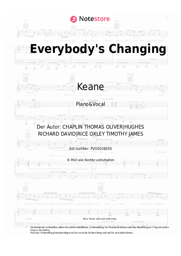 Noten mit Gesang Keane - Everybody's Changing - Klavier&Gesang
