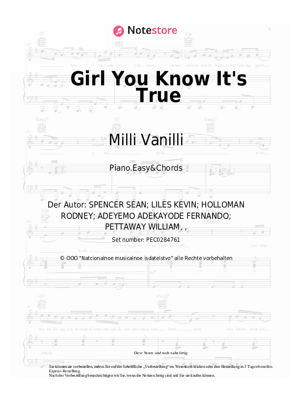 Einfache Noten und Akkorde Milli Vanilli - Girl You Know It's True - Klavier.Einfach&Akkorde