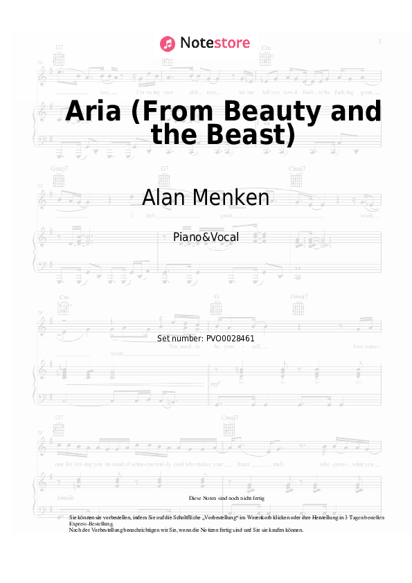 Noten mit Gesang Alan Menken - Aria (From Beauty and the Beast) - Klavier&Gesang