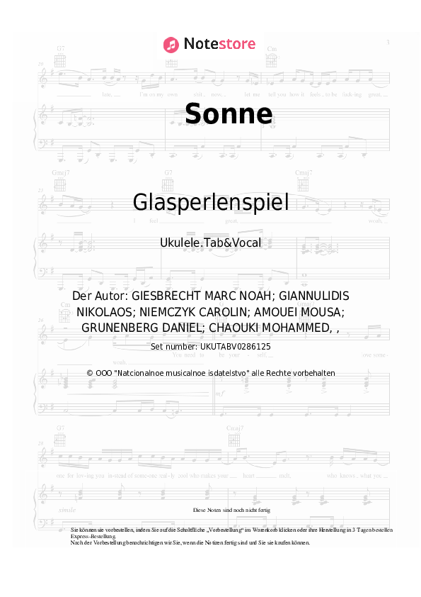 Noten Glasperlenspiel, Moe Phoenix - Sonne - Ukulele.Tabs&Gesang