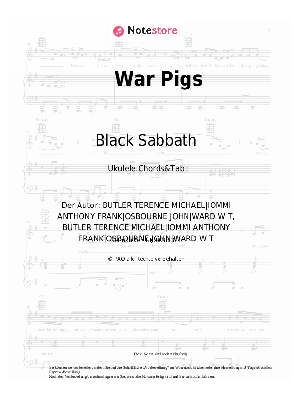Noten Black Sabbath - War Pigs - Ukulele.Akkorde&Tabs