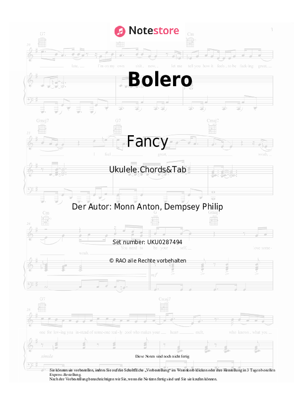 Noten Fancy - Bolero - Ukulele.Akkorde&Tabs