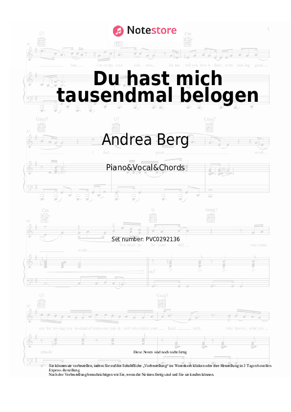 Noten und Akkorde Andrea Berg - Du hast mich tausendmal belogen - Klavier&Gesang&Akkorde