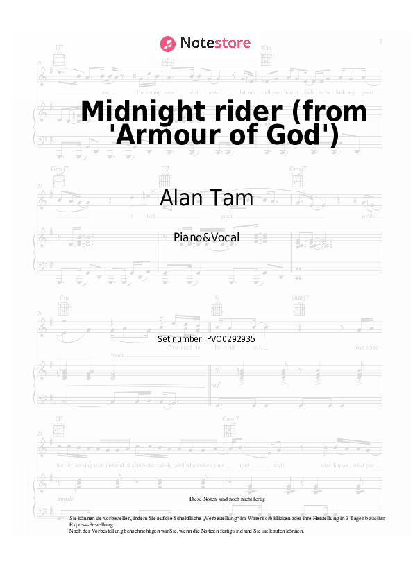 Noten mit Gesang Alan Tam - Midnight rider (from 'Armour of God') - Klavier&Gesang