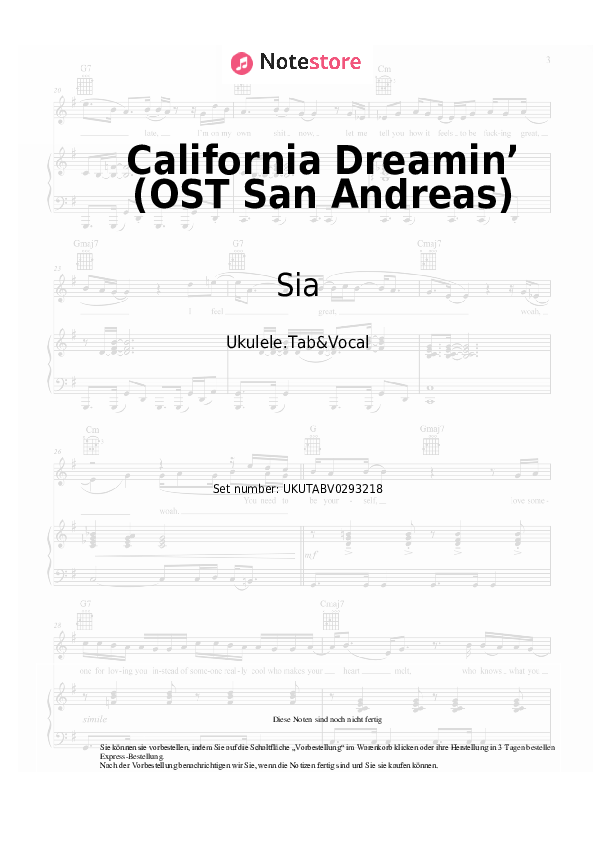 Noten Sia - California Dreamin’ (OST San Andreas) - Ukulele.Tabs&Gesang