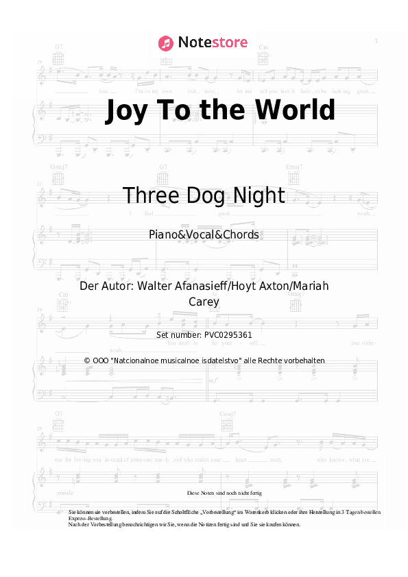 Noten und Akkorde Three Dog Night - Joy To the World - Klavier&Gesang&Akkorde